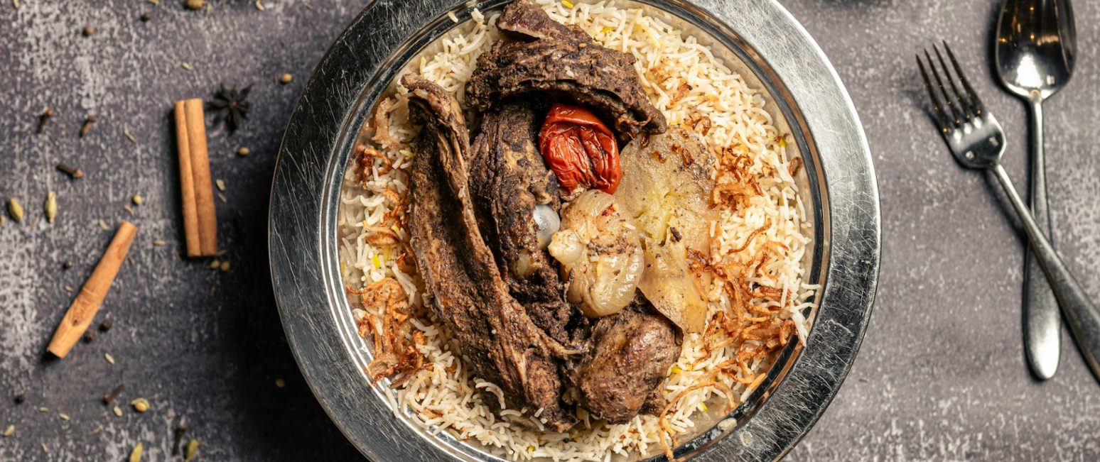 Slow-cooked lamb on spiced rice